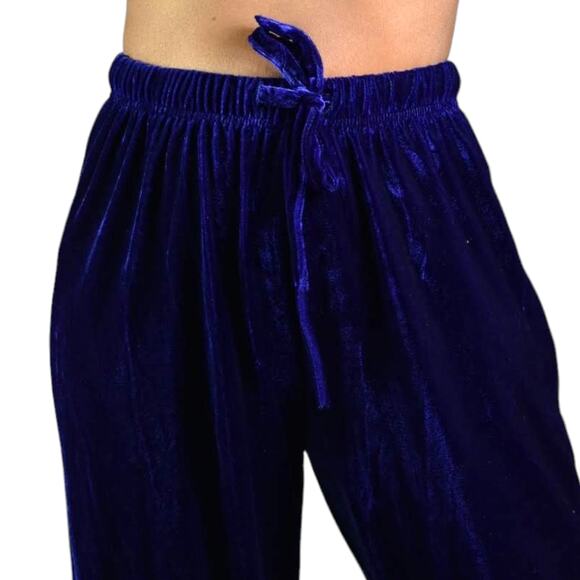 Vintage Velvet Pants Blue Cobalt Drawstring Pajama Lounge Straight Leg 70s Small - Picture 3 of 12